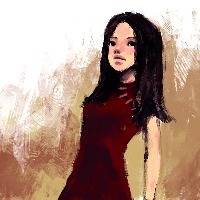 illustration of woman with black hair and maroon dress on brown and white background