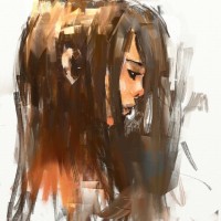 digital painting of girl with brown hair covering face, looking sad