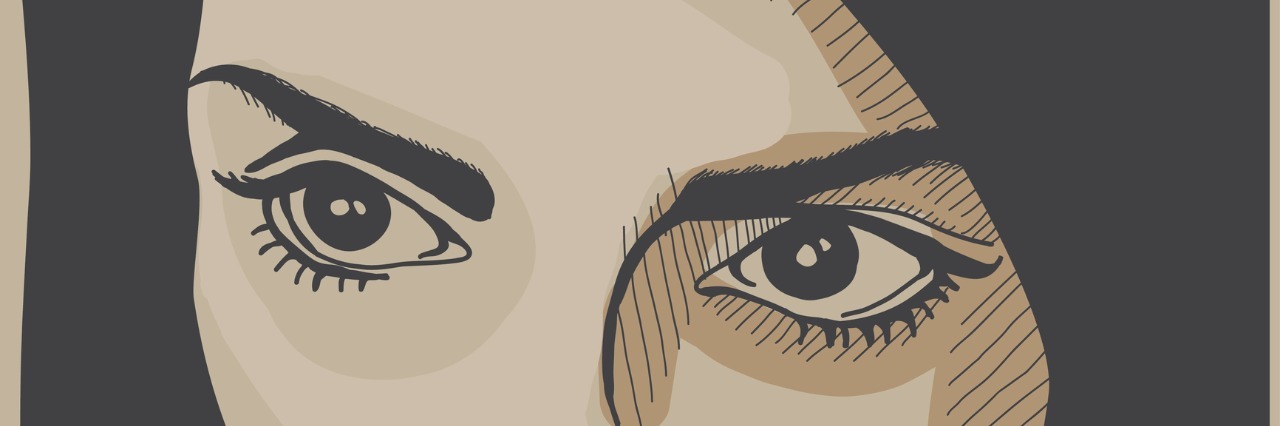 Reasons People Don't Open Up and Talk About Being Sick illustration of woman's eyes and dark hair