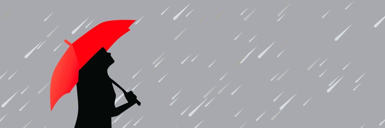 Major Depressive Disorder: When My Depression Feels Like a Rainy Day Illustration of woman holding red umbrella under a gray rainy sky