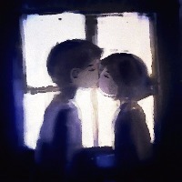 digital painting of young couple kissing on window background