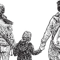Illustration of two women holding a boy's hands as they walk