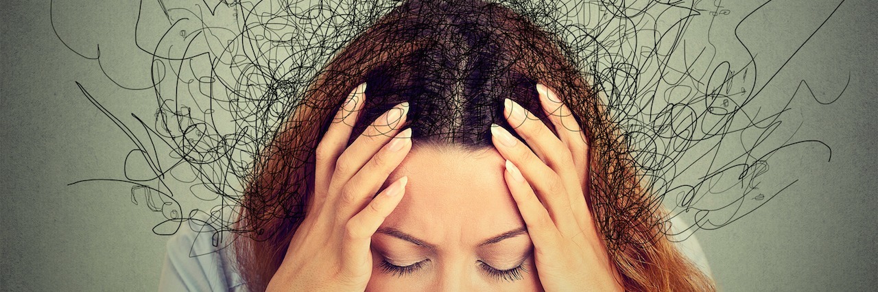 stressed out woman with abstract thought lines coming from her head