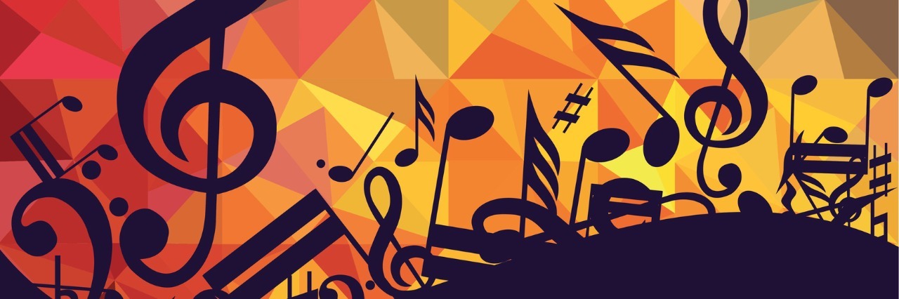 black music notes in front of colorful background