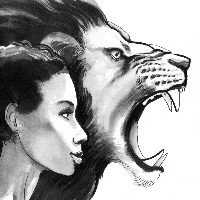 ink painting of an african woman and an angry lion
