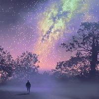 man standing against the milky way above silhouetted trees,night sky,scenery illustration