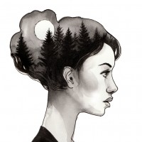 Black and white drawing of a sad young woman