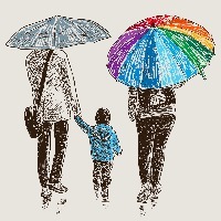 Vector image of the couple with their kid on a walk.