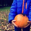 child holding pumpkin with spider on fall leaves, halloween
