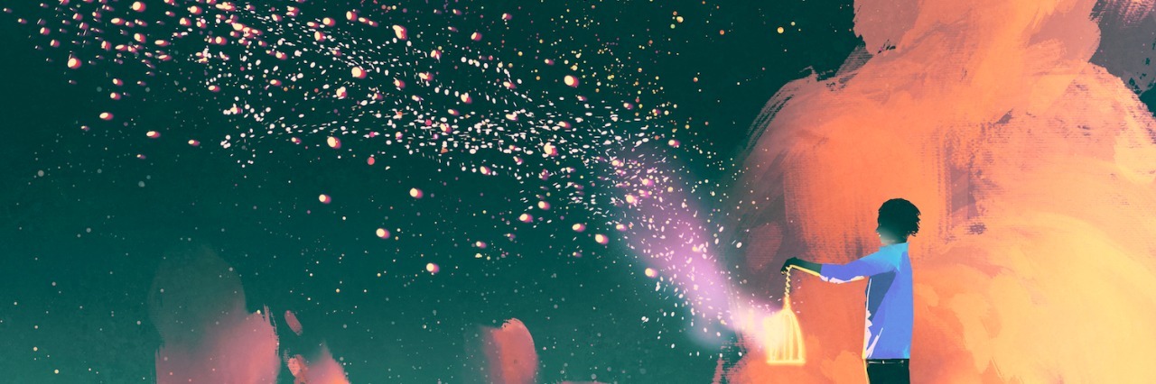 A Thank-You Letter to the Beautiful People in The Mighty Community illustration of man holding a cage with star dust floating out of it and toward the sky