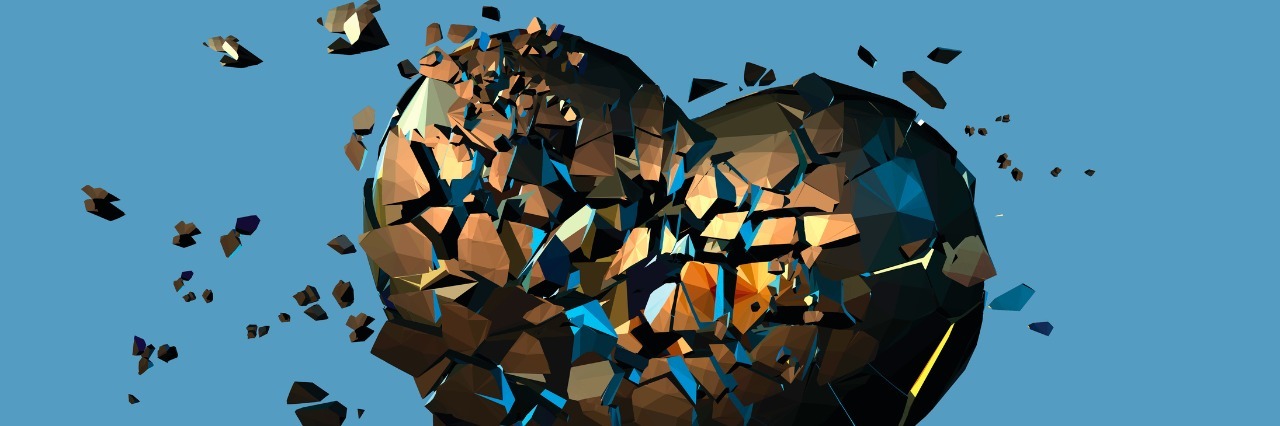 Golden metal polygonal broken heart on blue background