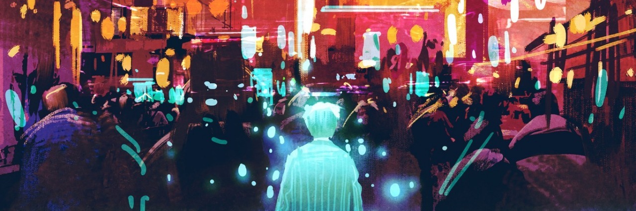 Autistic People Should Not Have to Pretend Not to Be Autistic blue man walking in futuristic city with colorful light