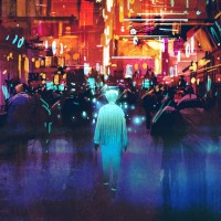 blue man walking in futuristic city with colorful light
