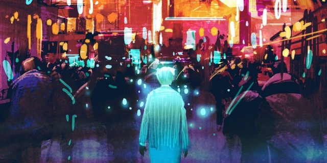 Autistic People Should Not Have to Pretend Not to Be Autistic blue man walking in futuristic city with colorful light