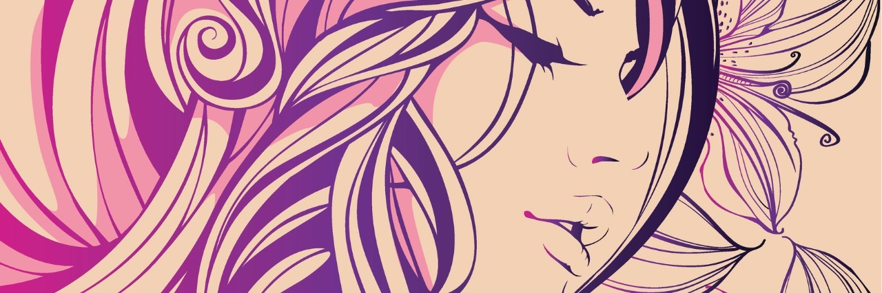 What Not to Say to People With Chronic Illness purple and pink drawing of a woman with long hair and surrounded by flowers