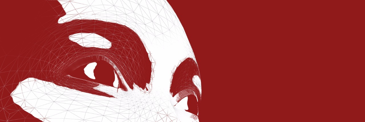Diagnosing and Treating Mental and Physical Illness at the Same Time Wireframe portrait of woman, close-up, low angle view with red background