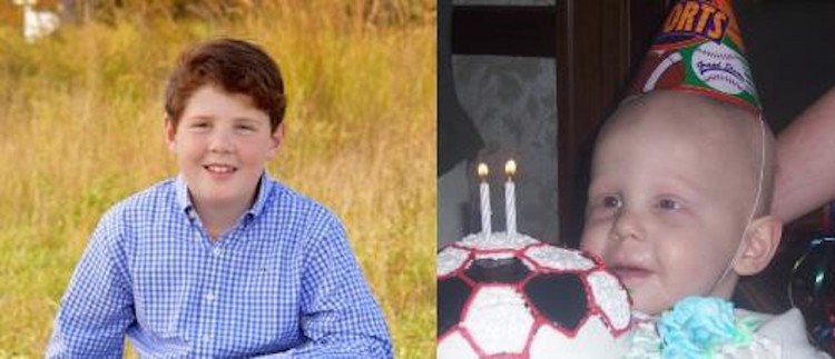 Patrick's son, as a young adult, side by side with a picture of him as a child