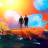 silhouette of couple holding hands and watching colorful sunset