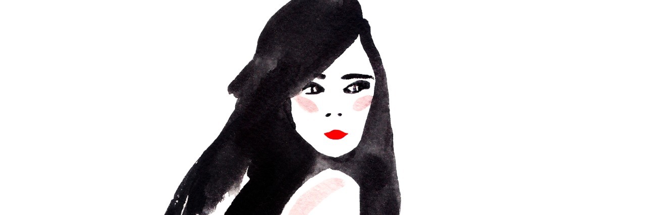 black and white watercolor of woman looking over shoulder
