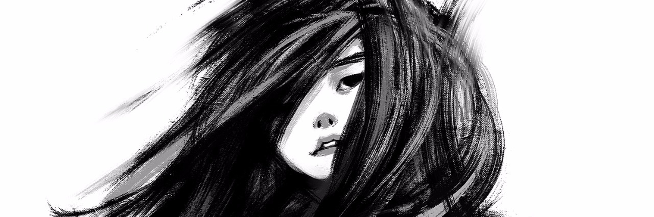 Why Lupus and Chronic Diseases Are Not Your Fault black paint on white background of girl with hair blowing over her face