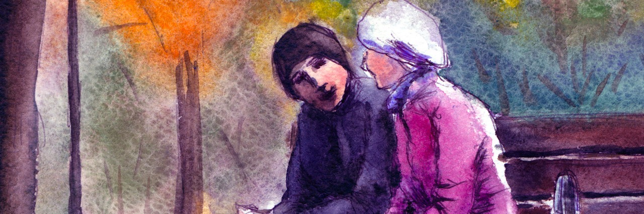 Phrases That Hurt When We Mean To Help Someone Who's in Pain Watercolor landscape with a couple sitting on a bench in autumn park