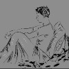 drawing on gray background of man sitting up in bed