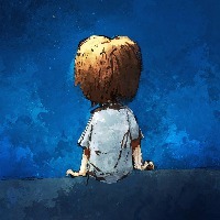 digital painting of boy sitting lonely in the moonlight, watercolor on paper texture