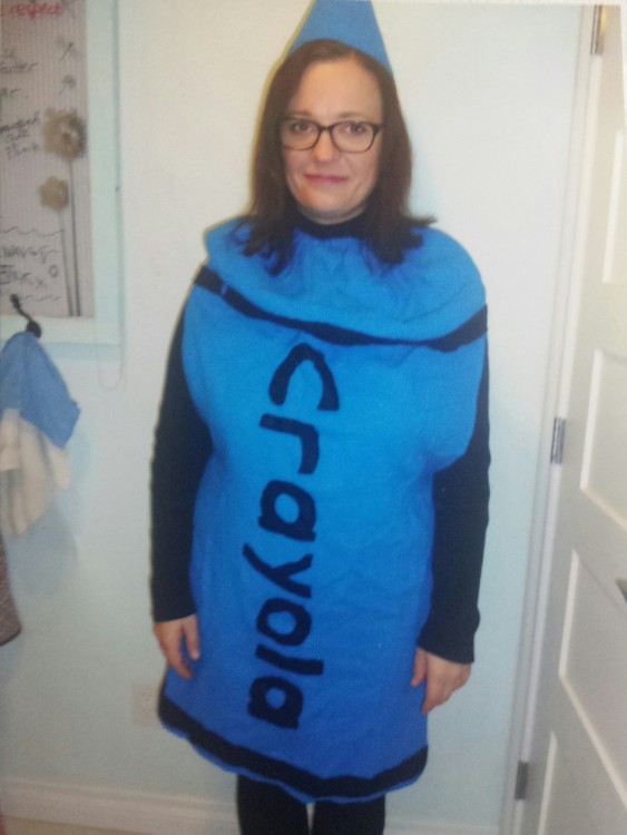woman dressed as a blue crayola crayon