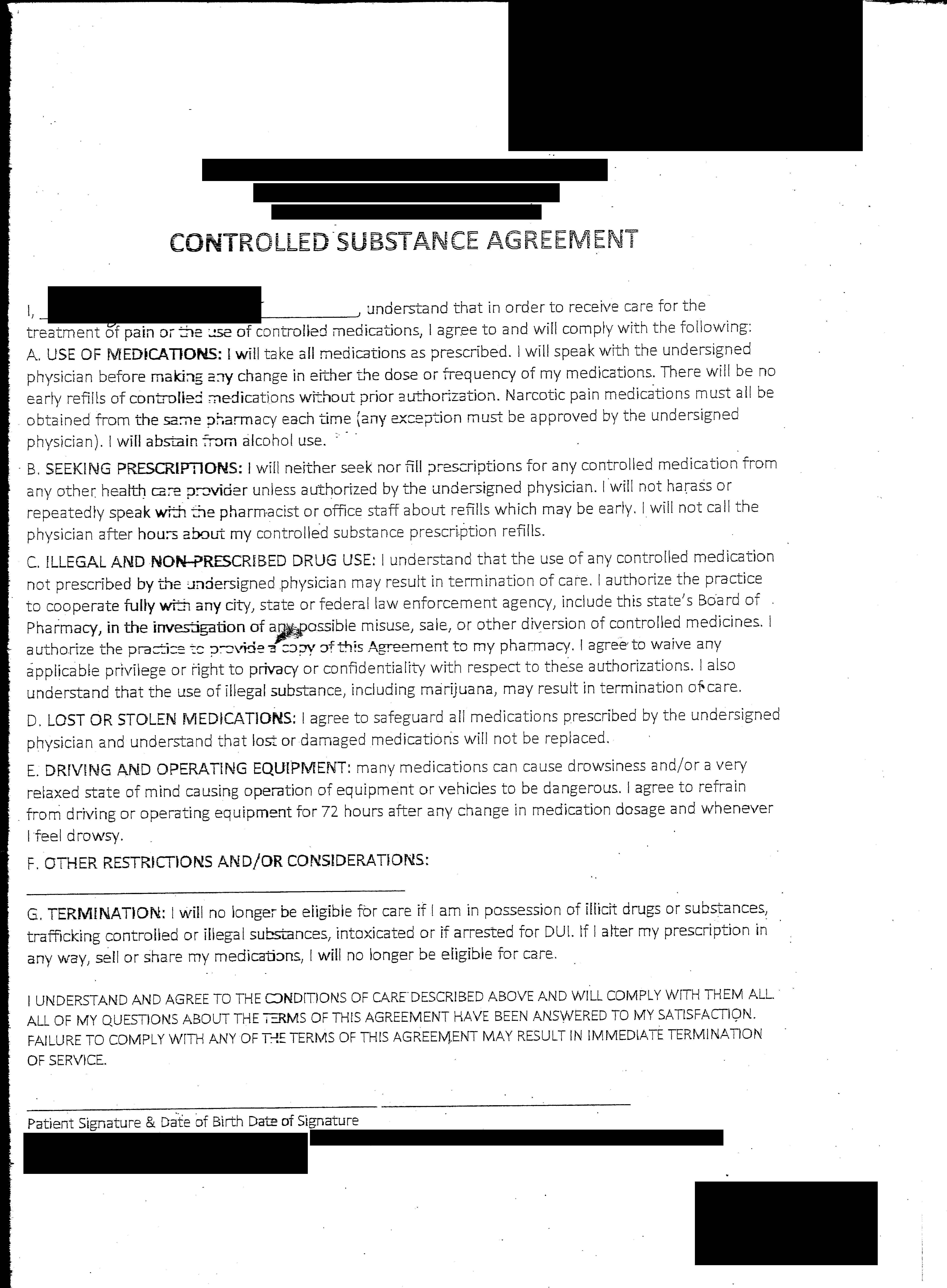A scan of a controlled substance contract with personal information redacted.