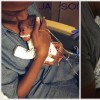 Two photos of a man holding a baby born prematurely on his chest