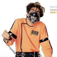 A man dressed is a jumpsuit with a scary mask. Text reads: Insane Asylum Skitzo Costume