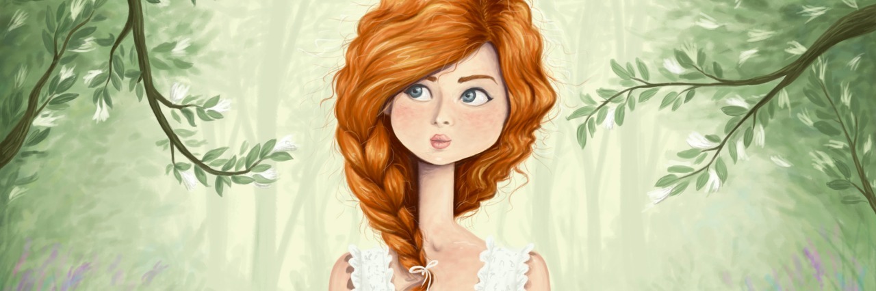 digital illustration of a ginger-haired girl walking through a beautiful forest