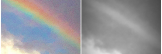 Two photos of a rainbow, one of colorful, the other is black and white