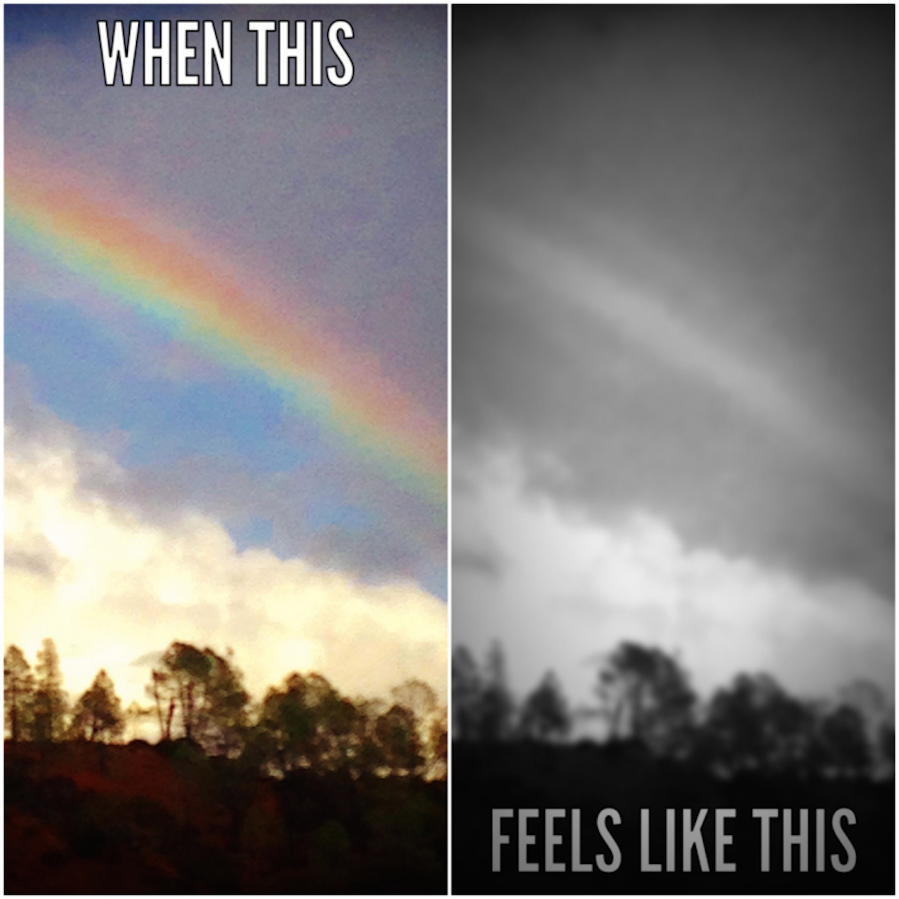 Two photos of a rainbow, one of colorful, the other is black and white