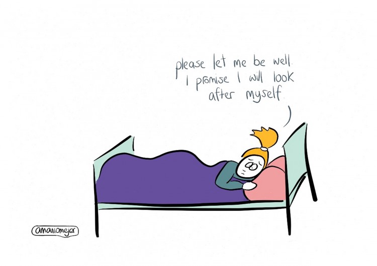 cartoon drawing of girl in bed thinking please let me be well i promise i will look after myself 