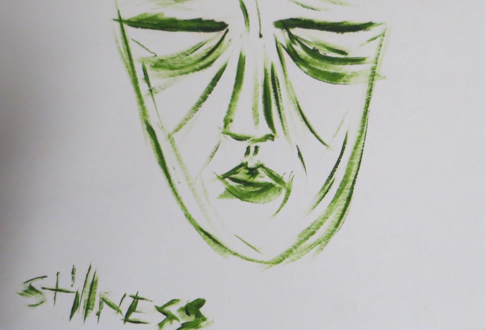 illustration of person's face with closed eyes and the word stillness underneath it