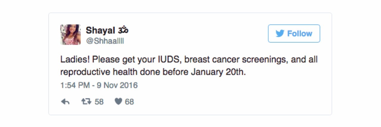 Women Are Encouraging Others to Get IUDs Before Trump Is President Tweet urging women to schedule preventative health care measures.