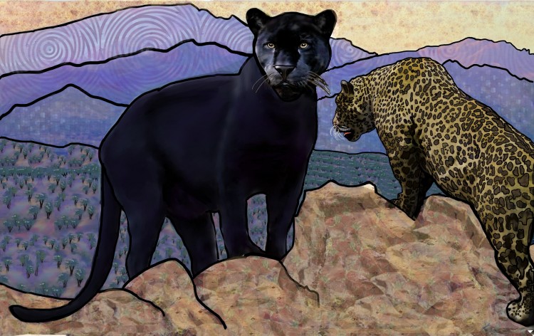 artwork of black jaguar and spotted jaguar