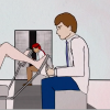 Animated still from Tightly Wound, doctor looks at a woman in stirrups.