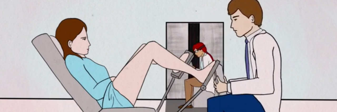 Animated still from Tightly Wound, doctor looks at a woman in stirrups.