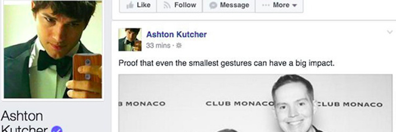 A screenshot of a post on Ashton Kutcher's Facebook page sharing Kerry Magro's story