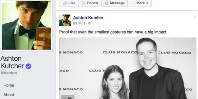 A screenshot of a post on Ashton Kutcher's Facebook page sharing Kerry Magro's story