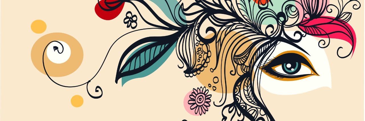 What Does Fibromyalgia Feel Like? drawing of half of woman's face with flowers next to one eye and on head