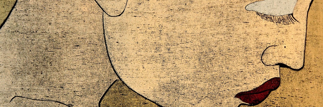 Woodprint technique on black paper of a sad, thinking woman's portrait