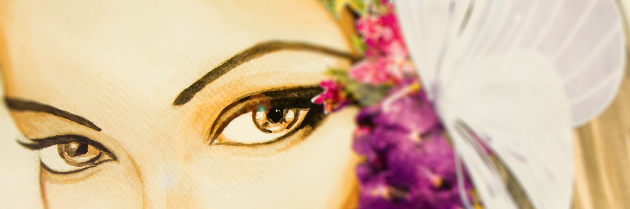 Fibromyalgia: Coping With Fibro Fog painting of a woman's face with colorful flowers and a white butterfly around her cheek