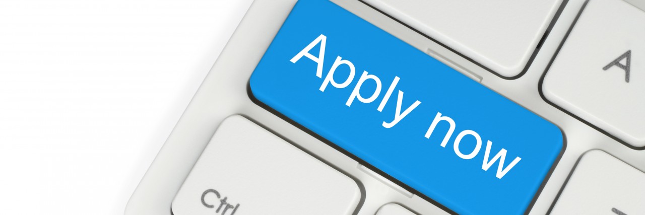 Searching for a Job as an Amputee Blue apply now button.