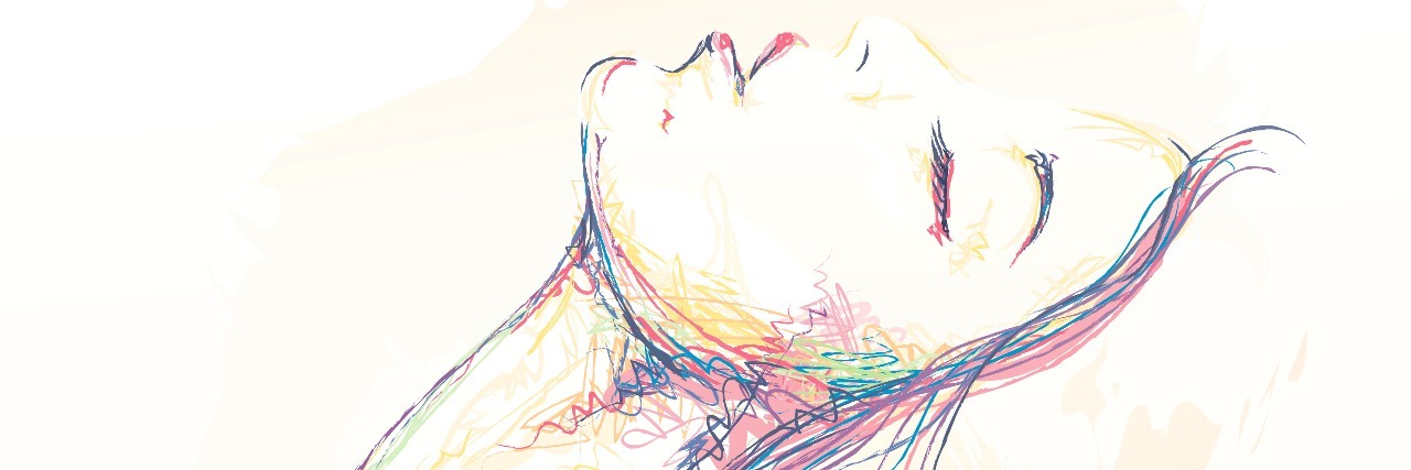 What I Mean When I Say I'm OK With Fibromyalgia Illustration with a colored pencil effect of a woman leaning back with her eyes closed.