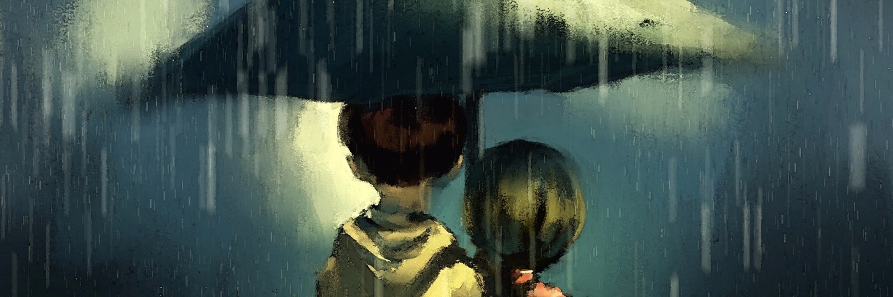 Couple walking in rainy, watercolor illustration