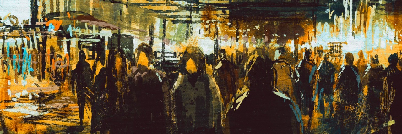 Illustration of people walking on city street at night