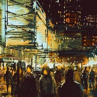 Illustration of people walking on city street at night